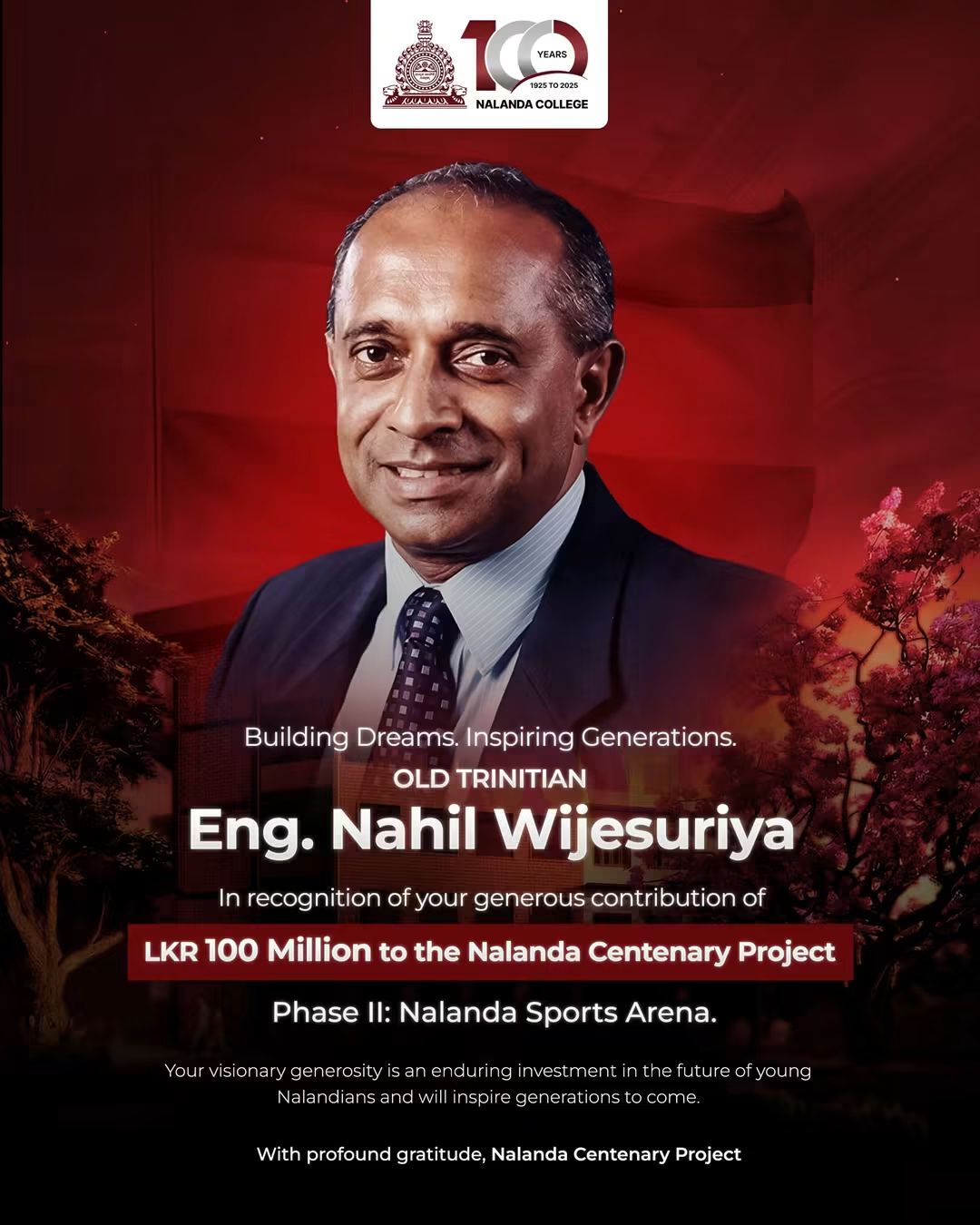 Nalanda Sports Arena receives Rs. 100 million donation from Nahil Wijesuriya